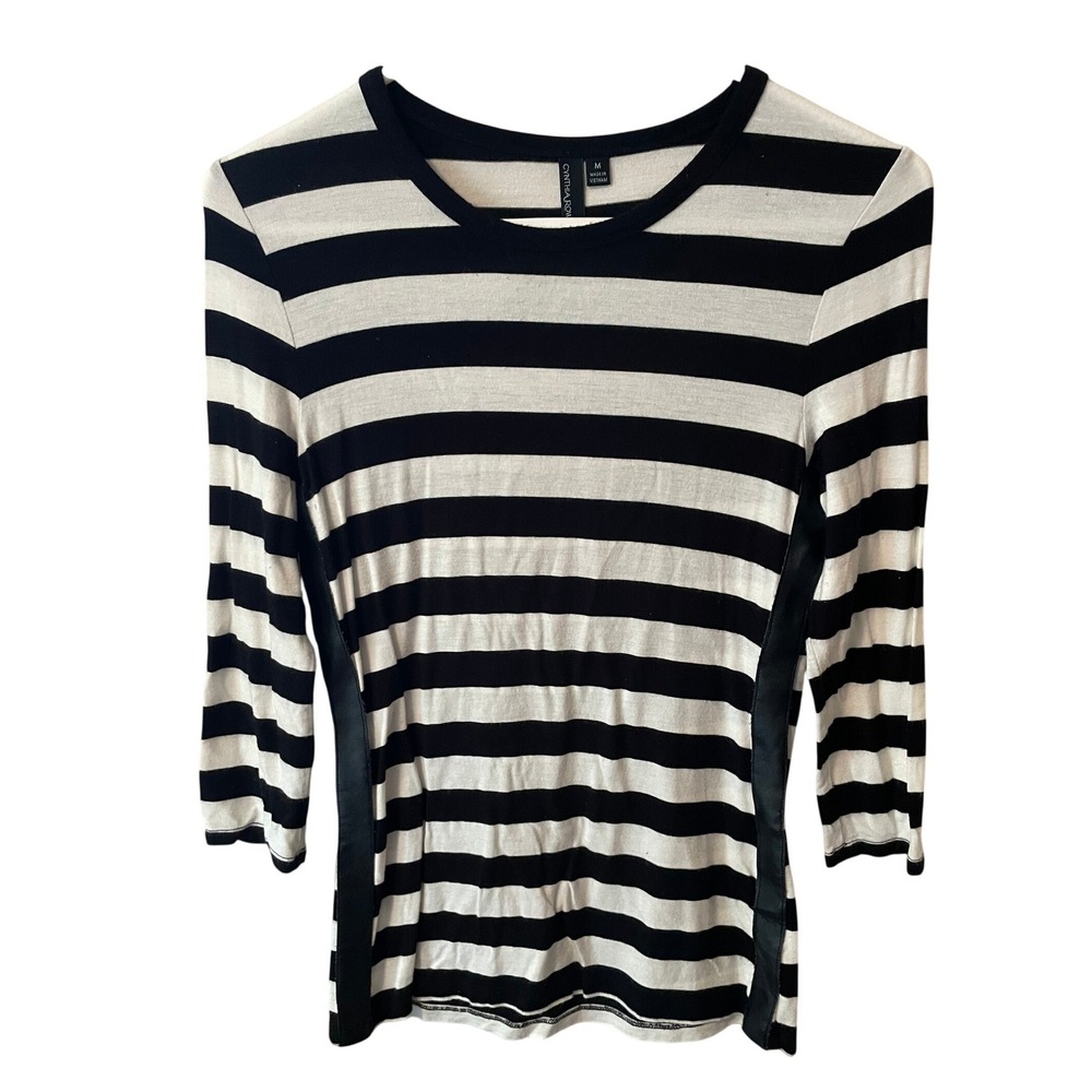 Cynthia Rowley Womens Striped Top Black White Faux Leather Trim 3/4 Sleeve Szi M